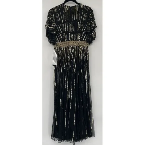 Mac Duggal 93582 Flare Sleeve‎ Embellished Dress Black Gold Cap Sleeve - flaws - Picture 6 of 11